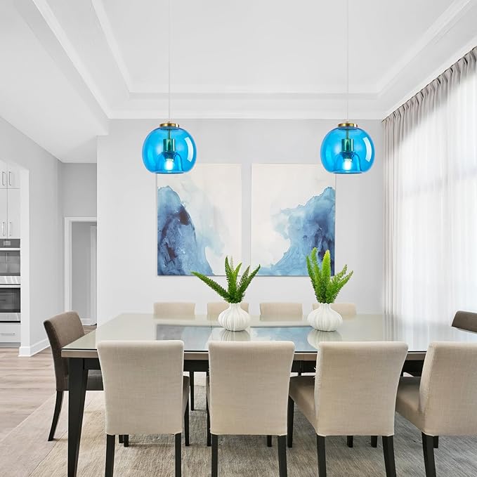 Blue Glass Pendant Lights Kitchen Island Gold Hanging Light Fixture Glass Globe Pendant Light Modern Pendant Lighting for Kitchen Island Bedroom Dining Room (7.87", 1 Pack)