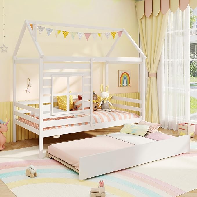 Giantex Twin House Bed with Trundle Bed Twin, Wooden Twin Bed Frames with Roof, Chimney & Window, Montessori House Bed with Safety Guardrails, House Trundle Bed for Kids, Boys, Girls, Teens (White)