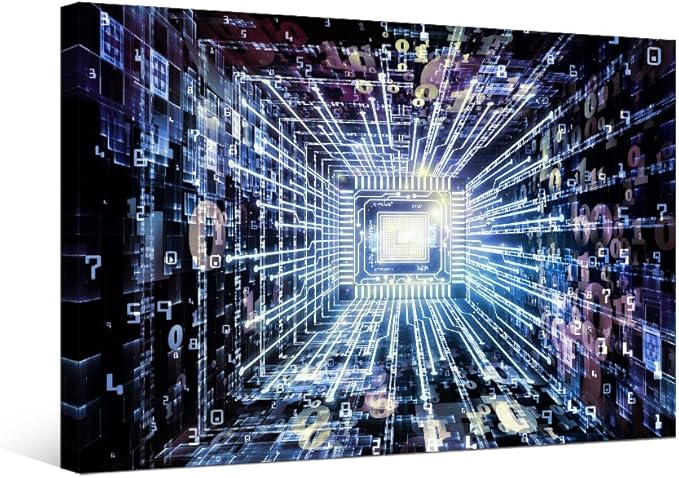Futuristic CPU Canvas Wall Art CPU Concept Virtual Reality for Living Room Digital Cyber Space Wall Art for Living Room Picture for Bedroom Office Decor Artwork Framed Easy to Hang 16X24 INCH