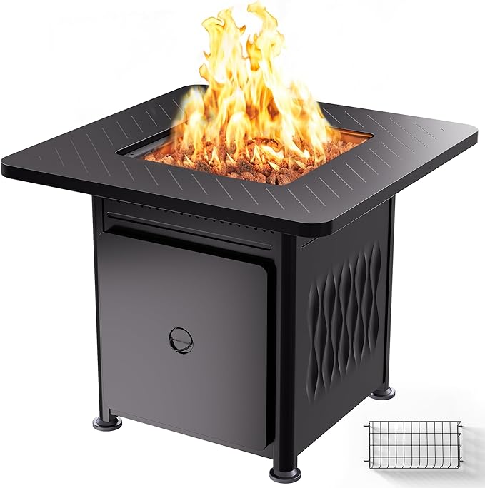 28" Outdoor Propane Fire Pit Table | 50,000 BTU Gas Fire Pit Table for Outside with Magnetic Lid | Storage Basket & Lava Rocks | CSA Certified for Patio, Garden & Backyard | Black