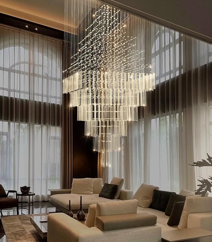 W32 x H120 Glam Chandelier with LED Bulbs Square Chandeliers, Crystal Raindrop High Ceiling Pendant Light for Entrance Large Villa Chandelier Foyer Lighting Fixtures Silver
