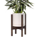 D'vine Dev Ceramic Planter with Walnut Color Stand - 8 Inch Modern Round Flower Pot with Wood Planter Holder, Oatmeal, 55-B-Y-8