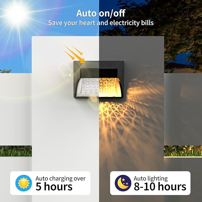 Solar Fence Deck Lights Outdoor 8 Pack Waterproof Dusk to Dawn Warm White/Cool White, Solar Powered LED Lights Decor for Outside Stair Step Yard Patio (Black)