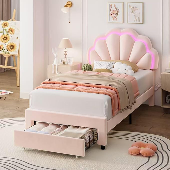 HIFIT Twin Upholstered Smart LED Bed Frame with Storage Drawer and Adjustable Chic Double Petal Headboard, Princess Platform Bed for Girls/Kids, Solid Wood Slats Support, No Box Spring Needed, Pink