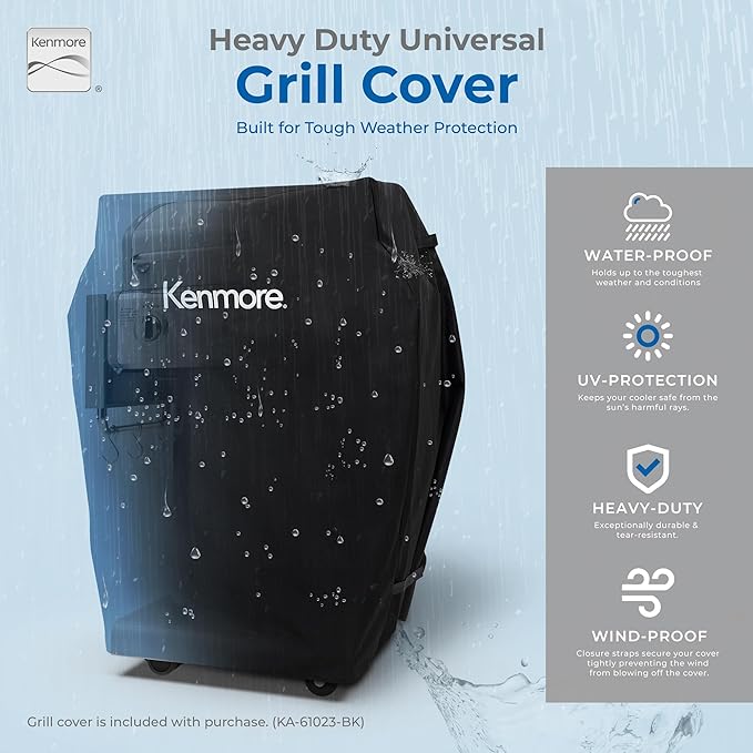 Kenmore 3-Burner Propane BBQ Grill, 30,000 BTUs Gas Grill with Cast Iron Cooking Grates, Folding Side Tables & Wheels, Outdoor Grill with Tool Hooks, Pearl White + Bonus Cover