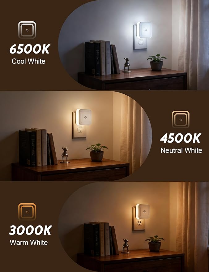 Sujeet Night Light, 4 Pack 1-50LM Stepless Dimming LED Night Light with 3CCT (3000K/4500K/6500K), Night Lights Plug into Wall for Adults, Bedroom, Bathroom, Hallway, Kitchen, Kids, No Light Sensor