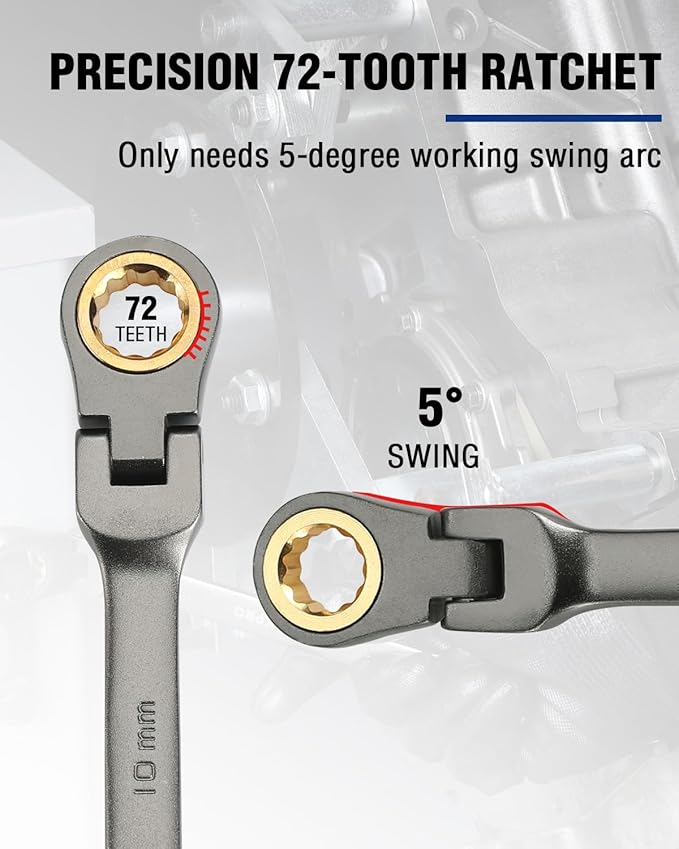 WORKPRO 10 mm Flex-Head Ratcheting Combination Wrench, Cr-V Constructed, Nickel Plating, 72-Teeth, 12 Point Design, Metric