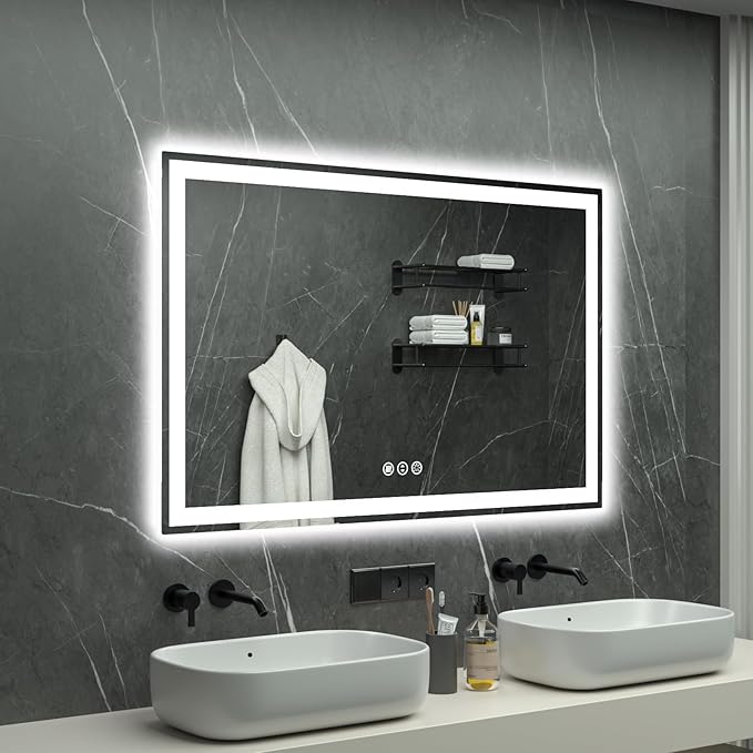 55"x 36" LED Bathroom Mirror with Lights, Double Lighting Sources Dimmable, Backlit + Front Lit, Anti-Fog, 3 Colors Lighted Bathroom Vanity Mirror for Wall Tempered Glass (Horizontal/Vertical)