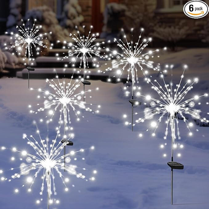 Solar Garden Firework Lights Outdoor Waterproof, 6 Pack Solar Powered Art Stake Twinkle Lighting for Outside Decor, 120 LED Sparklers String Lights for Yard Pathway Decorations(White)