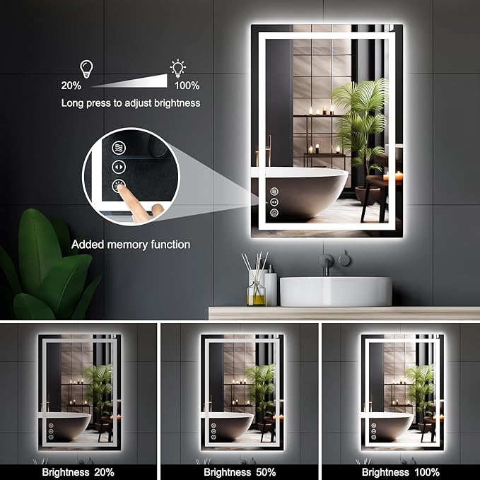 24x36 LED Bathroom Mirror with Lights, Anti Fog Vanity Mirror Wall Mounted, Dimmable Front Light and Backlight, Memory Function Tempered Glass, Shatter Proof ETL Listed
