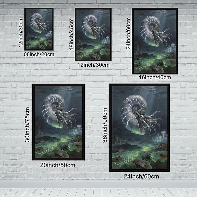 Framed Steampunk Mechanical Nautilus Wall Art - Underwater Industrial Poster for Man Cave Studio Decor 12x18in