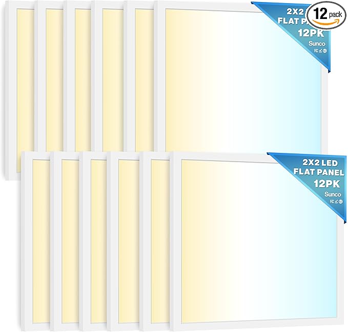 Sunco 12 Pack 2x2 LED Flat Panel Light for Drop Ceiling, Commercial Troffer Replacement Lighting Fixture, 4400 LM, 40W, Selectable CCT 4000K/5000K/6000K, Dimmable (0-10V), Dustproof ETL.