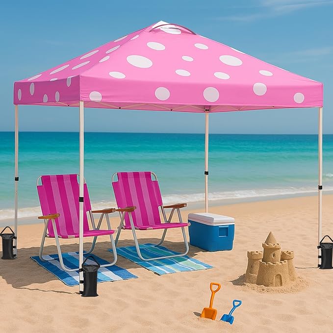 EAGLE PEAK Pop Up Canopy Tent with Wheeled Carry Bag, 8 Stakes, 4 Ropes, 4 Weight Bags, Easy Set Up Tent Canopy, 10x10 ft, 100sqft of Shade, Pink Mushroom