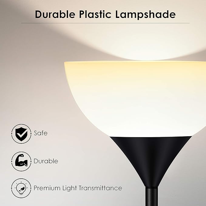 Floor Lamp, Standing Lamp, Torchiere Floor Lamp with Adjustable Reading Lamp, 71" Tall Pole Lamps, 3 Way Switch, Plastic Lampshade, Corner Floor Lamps for Living Room, Bedroom(E26 Base, No Bulb)-Black