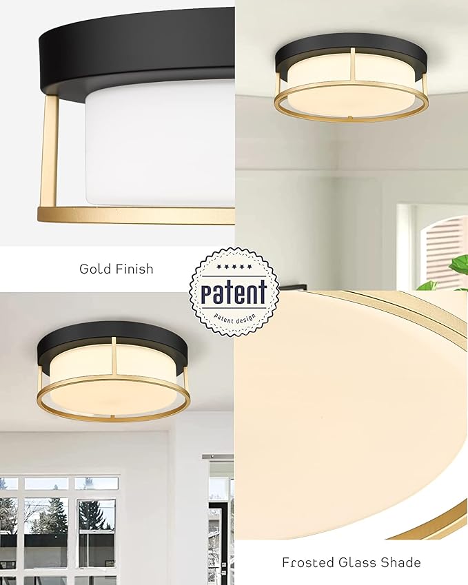 CALDION LED Modern Ceiling Light Fixture, 12 Inch 24W 1100Lumens Flush Mount Ceiling Lamp, Dimmable 3000K Matte Black Finish Gold Metal Frame with Frosted Glass Cover Close to Ceiling Light