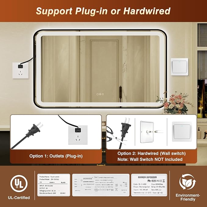 32x55 Inch LED Bathroom Mirror with Black Frame,Front and Backlit Vanity Mirror,Tempered Glass,Stepless Dimmable Wall Mirrors with Anti-Fog, 3 Colors, Memory, Waterproof, LED Smart Bathroom Mirror