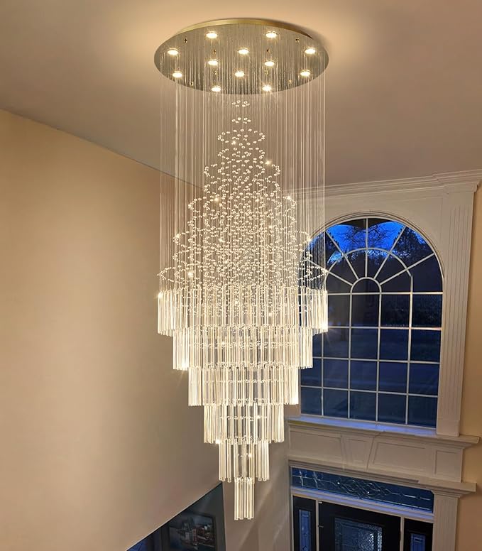 W32 x H100 Glam Chandelier with LED Bulbs Crystal Raindrop High Ceiling Pendant Light for Entrance Large Villa Chandelier Foyer Lighting Fixtures Gold