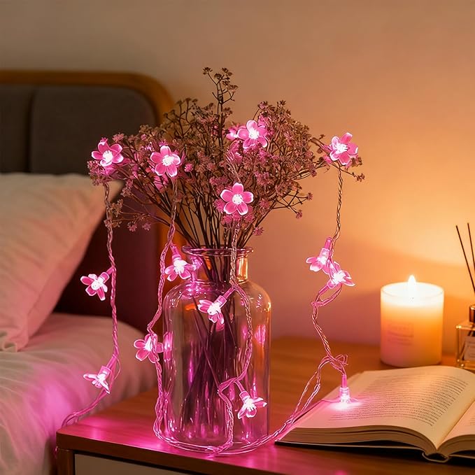 Fairy Flower String Lights, USB & Battery Lighted Decorative Cute Cherry Blossom Indoor Bedroom Window Hanging, Novelty Floral Lamp for Christmas Easter Wedding Party Birthday Décor (Pink)