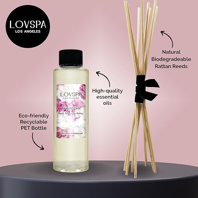 LOVSPA Pink Peony Diffuser Oil - Luxury Essential Oils for Diffuser Refill & Air Freshener Room Spray - Long-Lasting & Natural Home Fragrance, Scented Oil for Diffusers, USA Made, 4oz