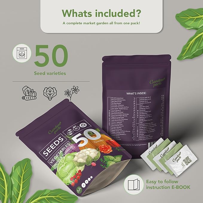 Garden Pack Vegetable Seeds Pouch - 50 Varieties of Vegetable, Herb & Flower Seeds for Planting - 25,000 Non GMO Heirloom Seeds - Gardening Gifts for Men and Women