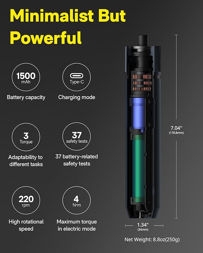 HOTO Electric Screwdriver Rechargeable, 3.6V Cordless Screwdriver Set USB-C, 1/4'' Hex Bits, 3 Torque Settings, 1500mAh Battery, LED Light & 12 S2 Metal Bits for Furniture/Electrical Repairs
