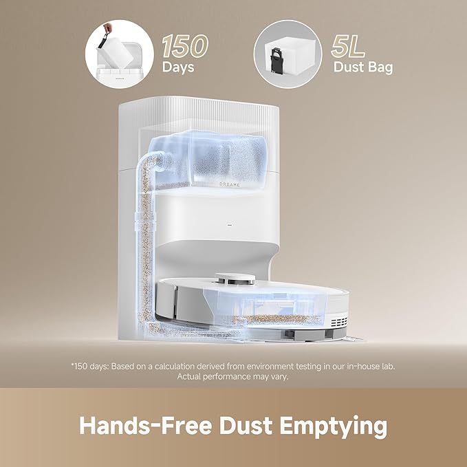DREAME D20 Plus Robot Vacuum and Mop, 13,000Pa Suction, Self-Emptying with 5L Dust Bag, DuoBrush for Pet Hair, LDS Mapping, App & Voice Control, 5200mAh Battery, Ideal for Hard Floors & Carpets