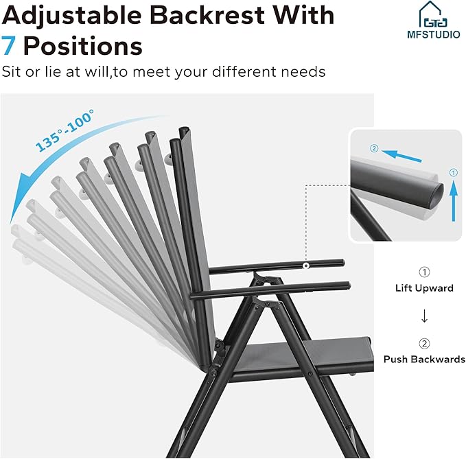 MFSTUDIO Patio Folding Dining Chairs Set of 2, Outdoor Patio Chairs, Portable Grey Sling Patio Chairs, 7 Levels Adjustable Sling Back Chairs for Garden Lawn Deck