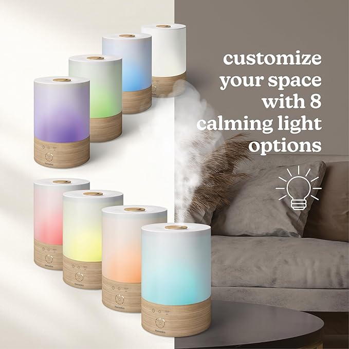 Homedics Cool Mist Ultrasonic Humidifier, 8-Colors Night Light, 0.66 Gal Top-Fill Tank, 24Hr Runtime, 3 Mist Settings, 360° Mist for 329 sq ft Rooms, Aromatherapy, Clean Tank Tech, Auto Shutoff