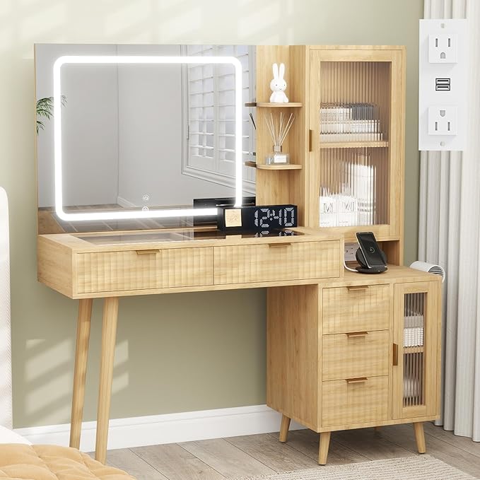 49" Wood Vanity Desk with Mirror and Lights, Boho Fluted Makeup Vanity Table with Modern Glass Top, Charging Station, 5 Drawers, 2 Cabinet with Adjustable Shelves, Salon Station, Natural Oak