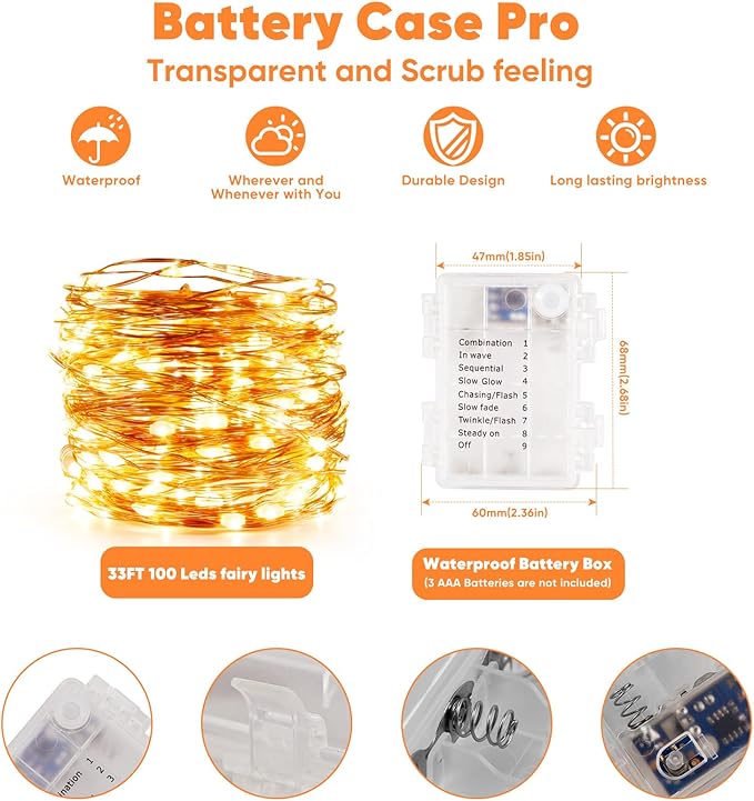 2 Pack 32.8 Ft. Battery Operated Outdoor String Lights with Remote & Timer, LED Warm White Fairy Lights, Waterproof Twinkle Lights for Bedroom, Dorm, Mason Jar, Wedding, Party, Christmas
