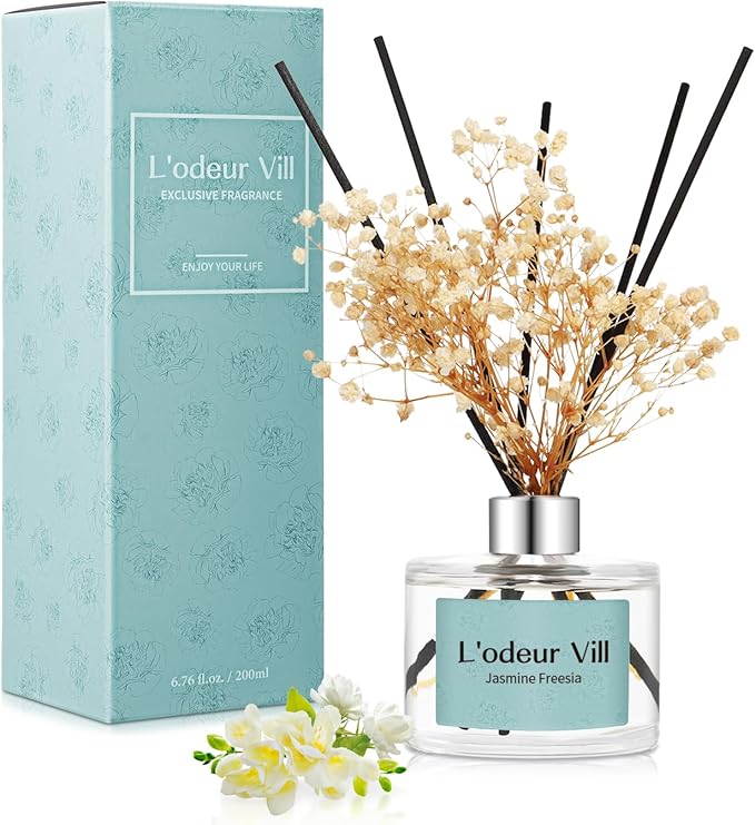 L'odeur Vill Reed Diffuser Set, 6.7 oz(200ml) Jasmine Freesia Scented Diffuser with 6 Oil Diffuser Sticks, Home Fragrance Essential Oil Reed Diffuser for Home Large Rooms Bathroom Shelf Decor
