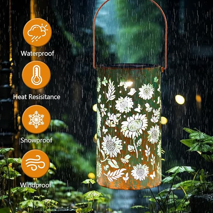Solar Lanterns Outdoor Waterproof,Hanging Solar Lights for Garden Decor Outside,Sunflower Gifts for Women,Metal Lanterns Decorative Outdoor for Yard,Patio,Backyard,Porch-2 Pack