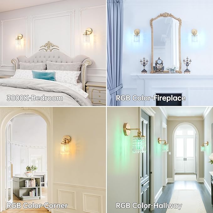 Shenmoyl Set of 2 Crystal Battery Operated Wall Sconce, Rechargeable Battery Powered Wall Lamp with Remote Control, Modern Dimmable Wireless Wall Lights for Bedroom Bathroom(Transparent, Gold Base)