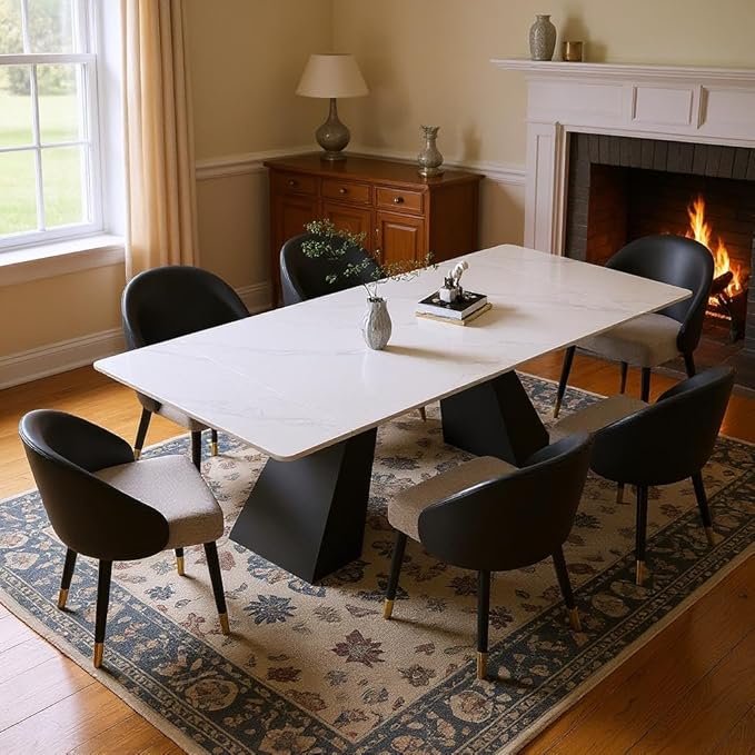 62.9" to 94" Modern Sintered Stone Luxury Rectangular Dining Table for 6-8 People, White Top with Black Base, Contemporary Style for Living Room