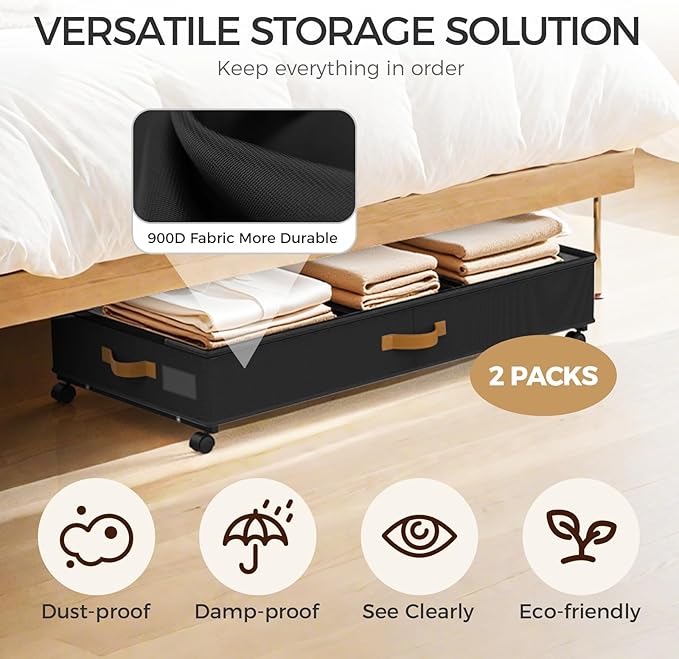 Under Bed Storage with Wheels 2-Pack, 75L XXL Under the Bed Storage Containers Large, 12" Tall Adjustable Storage for Underbed with Lids, Rolling for Shoes, Clothes, Blankets (Black)