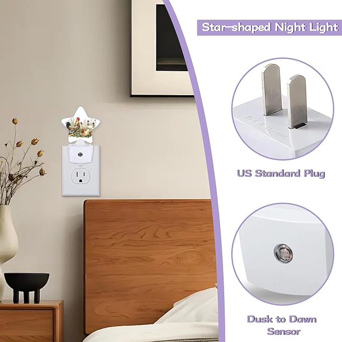Chickens Hens Decorative Nightlight Plug in Wall,Grass Star Shaped Night Light with Built in Sensor for Home Decor,Kitchen Hallway Stairs Desk Lamp