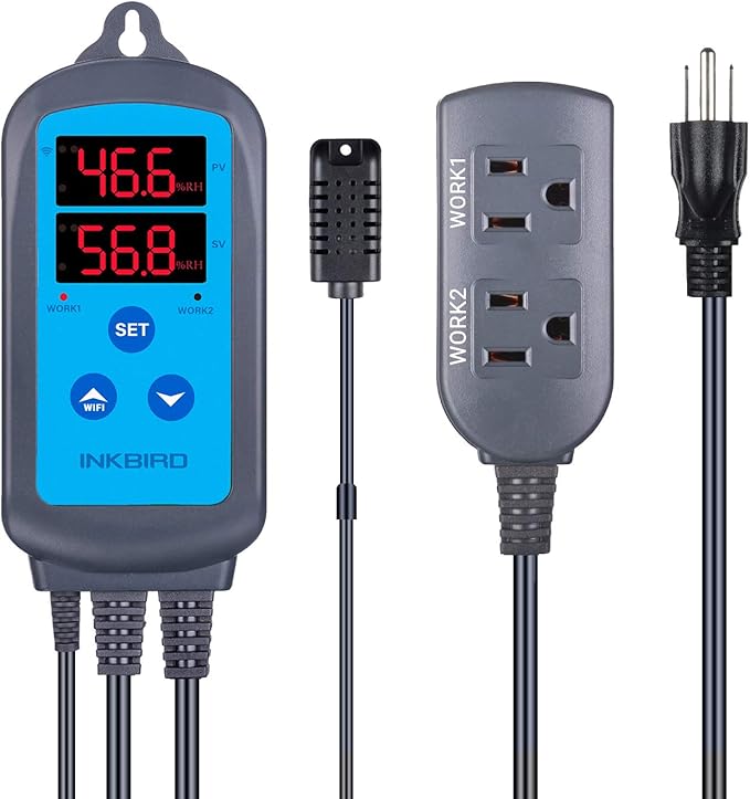 Inkbird Digital Wi-Fi Humidity Controller IHC-200 Dual Outlet Pre-Wired Humidistat for Mushroom Growing Curing Meat Reptile Greenhouse Support Humidifier Dehumidifier Fan iOS&Andriod.