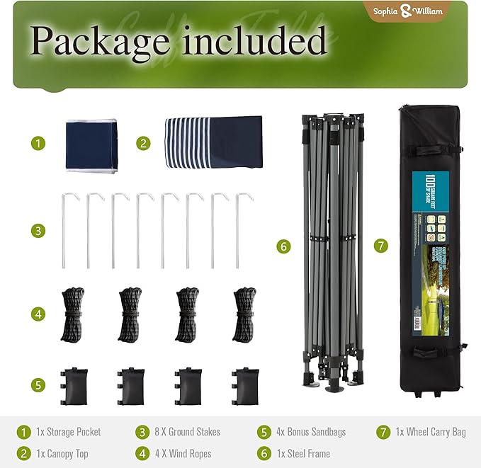 Sophia & William Canopy Tent Pop Up 10x10 ft One Person Push Set Up Tent, Outdoor Canopies Shelter Heavy Duty Straight Legs with 4 Sandbags & Guy Ropes, 1 Roller Bag & Storage Bag, 8 Stakes UPF50+