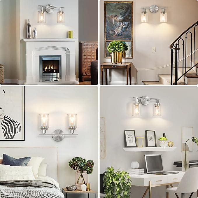 FOLKSMATE Bathroom Light Fixtures, 2-Light Brushed Nickel Vanity Light, Silver Wall Sconce Lighting, Modern Bath Wall Mounted Lighting with Glass Shade, Porch Lamp for Living Room, Bedroom, Hallway