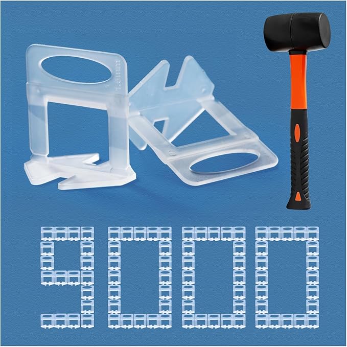 Tile Leveling System 1/16" Spacers Tile Leveler Clips DIY Tile Leveler Spacers 9000 Pcs and Tools Harden Rubber Mallet Hammer 16 oz for Professional Ceramic Tile and Stone Installation