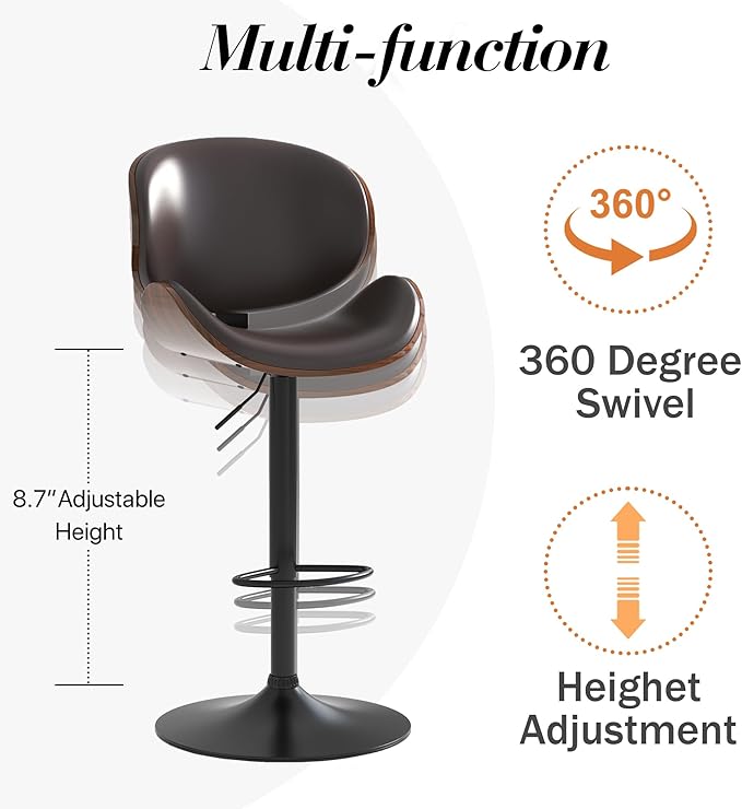 Adjustable Swivel Bar Stools Set of 4, Modern Bentwood Barstool with Large Metal Base and Footrest, PU Leather Upholstered Bar Chair with Curved Back for Kitchen Island Dining Room, Brown