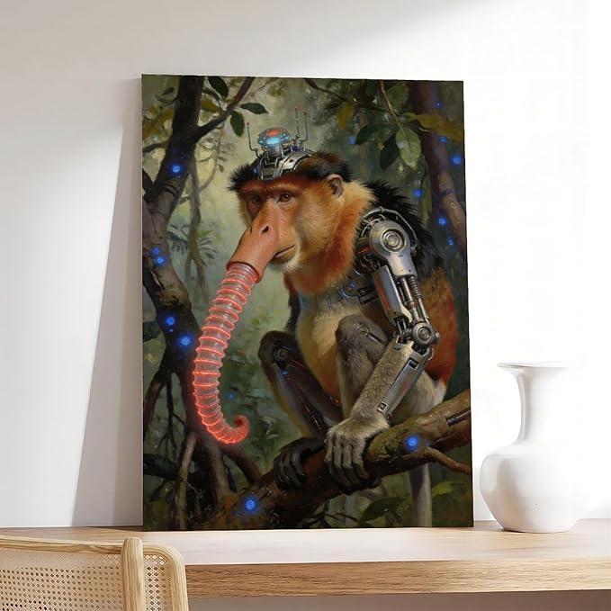 Framed Steampunk Mechanical Proboscis Monkey Wall Art - Jungle Neon Retro Poster for Apartment Leisure Area Decor 12x18inch(30x45cm)