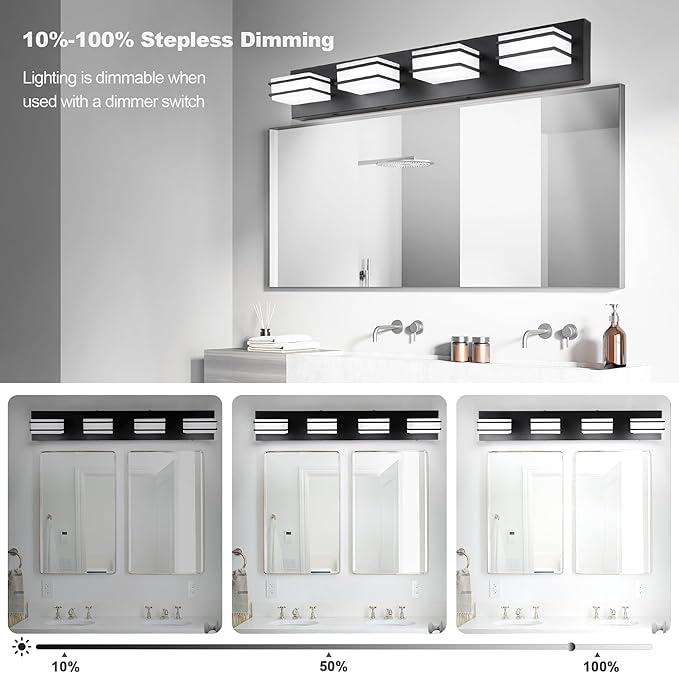 3 Color Temperature Dimmable Bathroom Light Fixtures Over Mirror, LED Black 4 Light Vanity Lighting Fixtures, Acrylic Stainless Steel Square Shade Vanity Lights for Bathroom, ETL Certificated