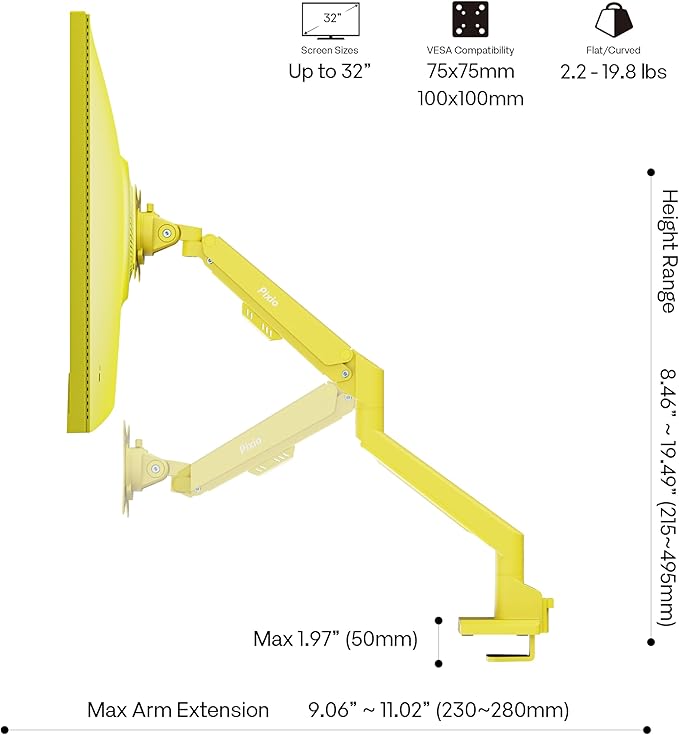 Pixio PS1S Wave Yellow Single Monitor Arm Stand Desk Mount - Fits up to 32 inches Monitors and up to 19.8lbs. VESA Compatibility and Integrated Cable Management