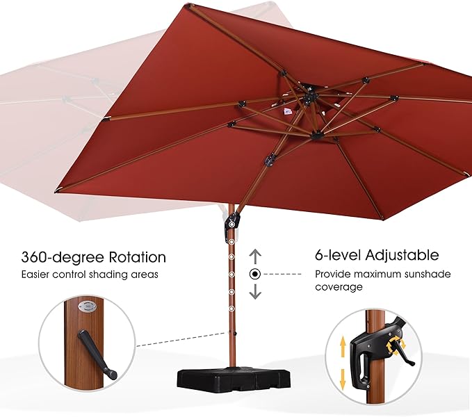 PURPLE LEAF 9' X 12' Double Top Deluxe Wood Pattern Rectangle Patio Umbrella with Base Offset Hanging Umbrella Outdoor Market Umbrella Garden Umbrella, Brick Red