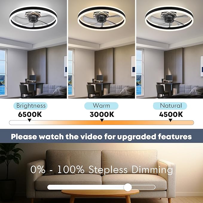 Ceiling Fan with Light, Upgraded 20‘’ Low Profile Fan, Flush Mount Ceiling Fan, 6 Speeds, Dimmable LED, App & Remote Control, Quiet DC Motor, for Bedroom, Living Room, F105 Black-D