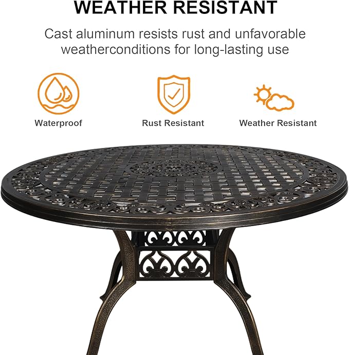 48" Round Patio Table for 6 Person Cast Aluminum Bistro Table with Umbrella Hole,Metal Patio Table Outdoor Bistro Dining Table for Garden,Bronze