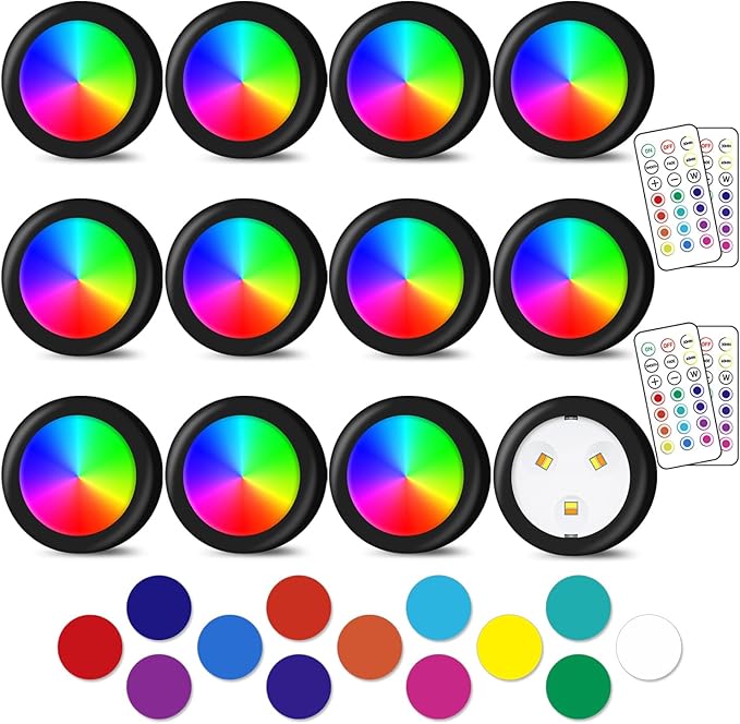 Puck Lights, 13 Colors Changeable LED Puck lightings Battery Powered Dimmable Under Cabinet Lights, Battery Powered Under Counter Lights with 2 Wireless Remote Controls for Kitchen