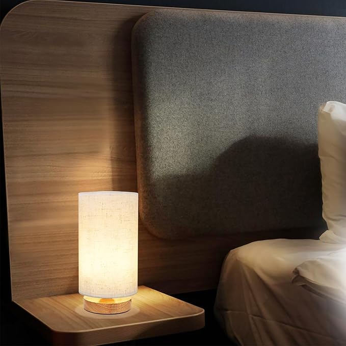 Small Bedside Table Lamp for Bedroom set of 2,Minimalist Wood Base & Round Fabric Shade,Mini Cute Cozy Warm Nightstand Boho Lamp set, Study Desk Night Stand Light for Room, Dorm,Nursery,Living Room