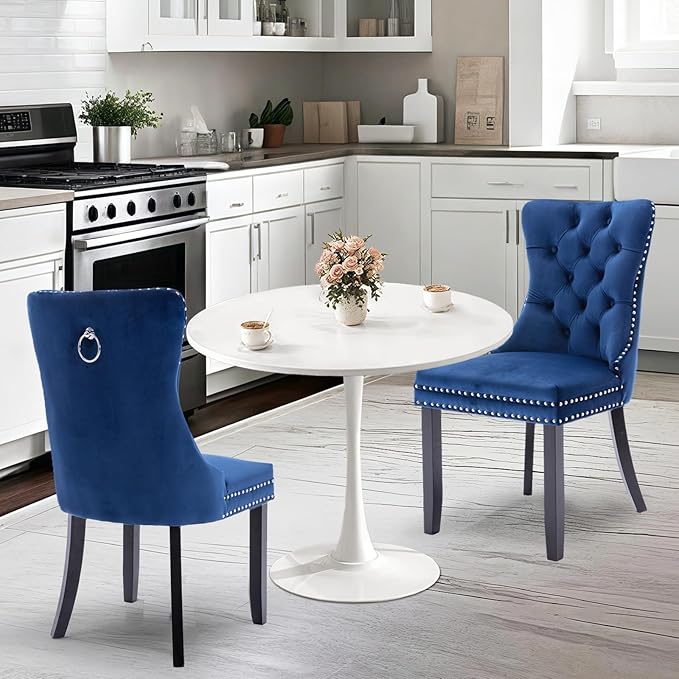 SoarFlash Kitchen Table and Chairs for 2, 24" Dining Table Set for 2 with Velvet Upholstered Chairs, 3 Piece Round Kitchen Table Set, Dining Room Table Set for Small Space, Apartment, Blue/White